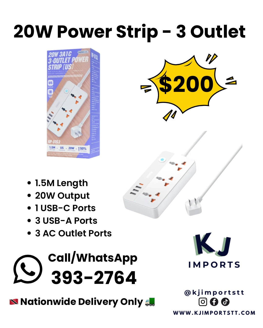 20W Power Strip - 3 AC Outlets with 1 USB-C & 3 USB-A (1.5M) RPU153