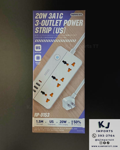20W Power Strip - 3 AC Outlets with 1 USB-C & 3 USB-A (1.5M) RPU153