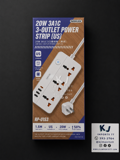 20W Power Strip - 3 AC Outlets with 1 USB-C & 3 USB-A (1.5M) RPU153