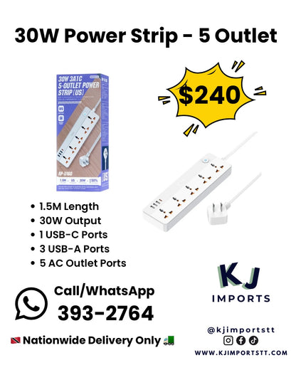 30W Power Strip - 5 AC Outlets with 1 USB-C & 3 USB-A (1.5M) RPU160