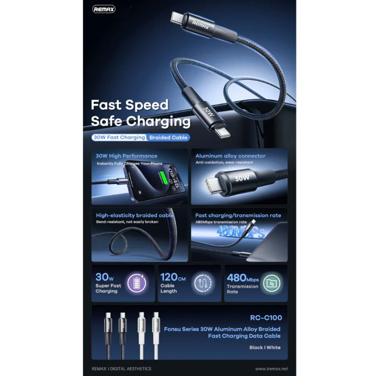 1.2M Braided Charging Cable 30W (USB-C to C) RCC100