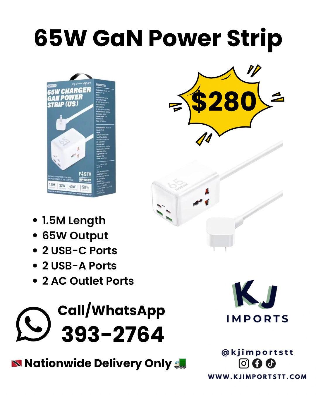 65W GaN Power Strip - 2 USB-C, 2 USB-A & Dual AC (1.5M) RPU157