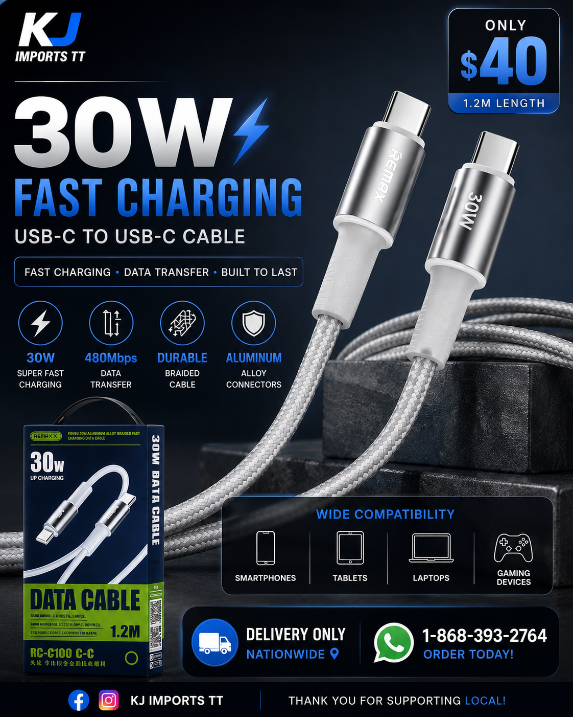 1.2M Braided Charging Cable 30W (USB-C to C) RCC100