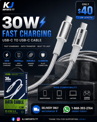 1.2M Braided Charging Cable 30W (USB-C to C) RCC100