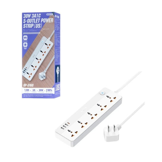 30W Power Strip - 5 AC Outlets with 1 USB-C & 3 USB-A (1.5M) RPU160