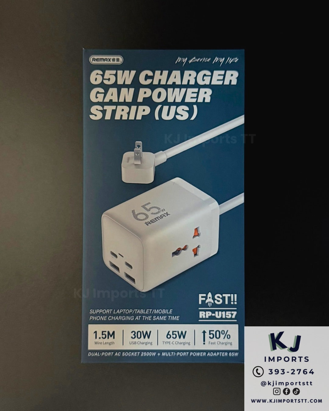 65W GaN Power Strip - 2 USB-C, 2 USB-A & Dual AC (1.5M) RPU157